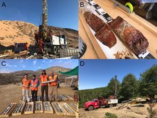 A) Bohrtruck im ariden Untersuchungsgebiet Nationalpark Pan de Azúcar. B) Bohrkern mit intensiver Eisenoxidation (alle Fotos L. Krone). C) GFZ Bohrteammitglieder A. Kitte, L. Krone, L. Ganzert und F. von Blanckenburg (Foto: F. Hampl). D) Bohrtruck im humiden Untersuchungsgebiet Nationalpark Nahuelbuta.