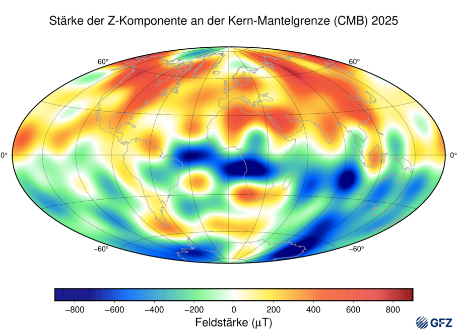 Darstellung der vertikalkomponente des Erdmagnetfelds an der Kern-Mantelgrenze aus den IGRF14 Daten für 2025.