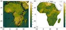 Fig. 1. a) New map of the Moho depth based on seismic determinations shown as crosses. b) Uncertainty of depths to the Moho interpolation.