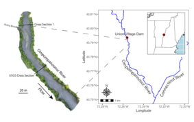 [Translate to English:] A map of the region surrounding Union Village Dam in Thetford, VT (right). Streams in the Connecticut River watershed are shown in blue. An orthomosaic of the study reach is shown (left). The orthomosaic begins approximately 200 m downstream of the dam.