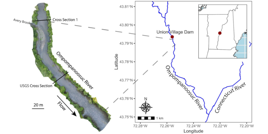 [Translate to English:] A map of the region surrounding Union Village Dam in Thetford, VT (right). Streams in the Connecticut River watershed are shown in blue. An orthomosaic of the study reach is shown (left). The orthomosaic begins approximately 200 m downstream of the dam.