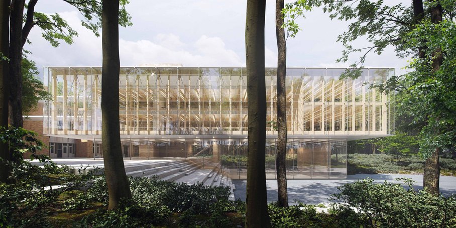 Photorealistic representation of the new building - view of the front. A glass building with ground floor and 2 floors.