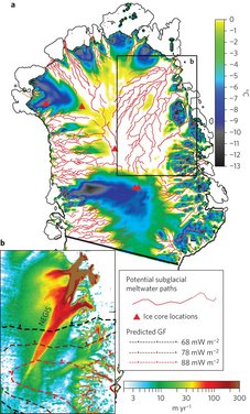 Fig. 3 Predicted basal thermal state of the present-day GIS. a, Modelled basal ice temperature below the pressure-melting point (colour scale), with potential active hydrological routes superimposed in red. Areas colored white are where our model predicted melting at the base of the ice sheet. Triangles mark the ice core locations. b, The reconstructed geothermal anomaly (contours) superimposed on the observed surface ice velocity (color scale) of the northeastern GIS shows that the head of the NEGIS is located in the area of the highest GF values (above 90 mW m−2). (Rogozhina et al., 2016)
