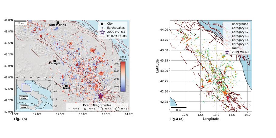 Two Maps of the L’Aquila region in Italy with coloured dots representing the earthquakes in the years prior to 2009. Left: the colour-code represents the year of the event. Right: the colour-code represents the new category families detected with unsupervised learning.