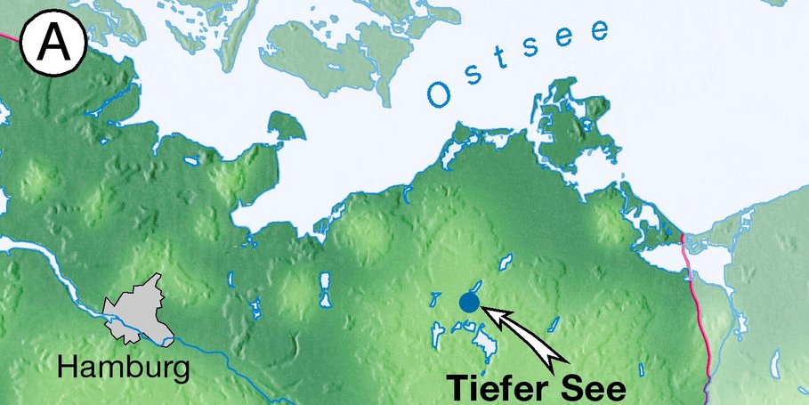(a) Location of Lake Tiefer See (b) within the Klocksiner lake chain and (c) drilling points