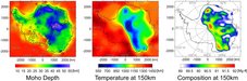 Links: Tiefe der Moho-Diskontinuität; Mitte: Temperaturverteilung in einer Tiefe von 150km; Rechts: Zusammensetzung in einer Tiefe von 150km in Bezug auf die Magnesiumzahl Mg #=(100×Mg/(Mg+Fe)) (Haeger et al., 2019).
