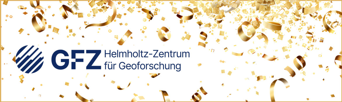 Das neue GFZ-Logo mit neuem Namen: Helmholtz-Zentrum für Geoforschung. Im Hintergrund goldene Lametta-Kringel.