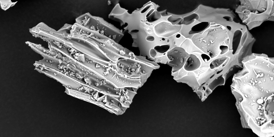 Ein REM-Aufnahme (RasterElektronenMikroskop) von zwei vulkanischen Glaspartikeln eines Nemrut Vulkan Ausbruchs vor etwa 120.000 Jahren, die im Seesediment des Van-Sees in der Türkei gefunden wurden.