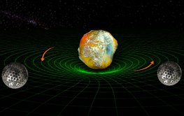 Earth is orbited by two satellites. Spacetime is schematically represented in space as a network of ring-shaped green lines. Red arrows indicate how spacetime changes.