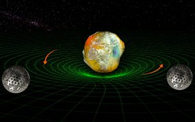 Earth is orbited by two satellites. Spacetime is schematically represented in space as a network of ring-shaped green lines. Red arrows indicate how spacetime changes.