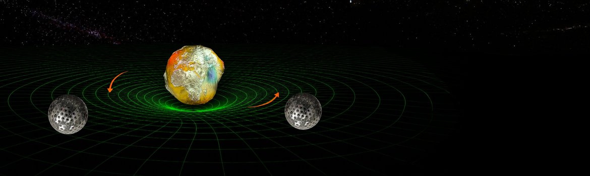 Die Erde wird von zwei Satelliten umkreist. Im Weltraum schematisch als Netz aus ringförmigen grünen Linien dargestellt ist die Raumzeit. Rote Pfeile deuten an, wie sich die Raumzeit verändert.