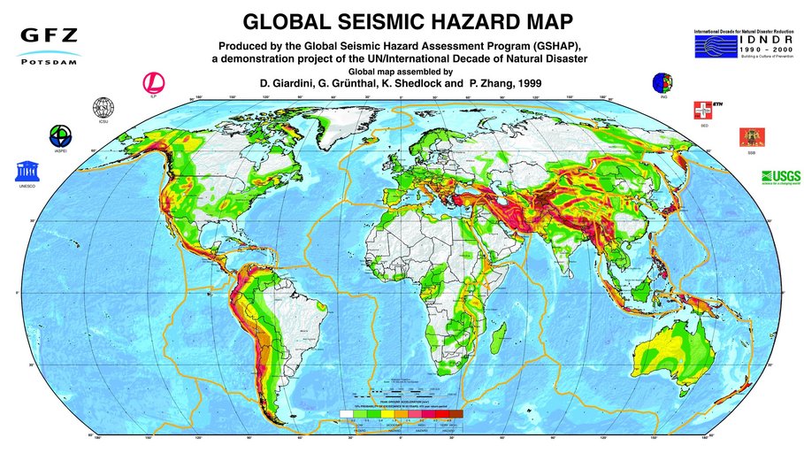 The GSHAP World Map of Seismic Hazard shows the peak ground accelerations (PGA) that could be expected for a probability of the occurrence or exceedance of 10 % within 50 years for a stiff soil underground.