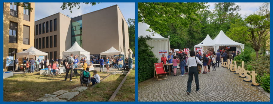 Links: Menschen stehen vor Gebäuden. Rechts: Menschen vor Ausstellungszelten.