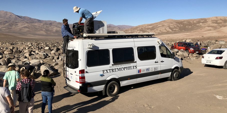 Mehrere Autos stehen in der Wüste. Zentral ein weißer Transporter, auf dessen Dach Geräte montiert sind. Menschen stehen daneben und klettern auf das Auto.
