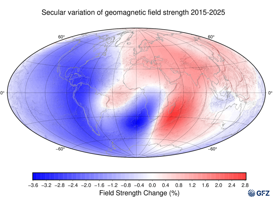 Visualisation of the secular variation in the strength of the core field at the Earth's surface between 2015 and 2025