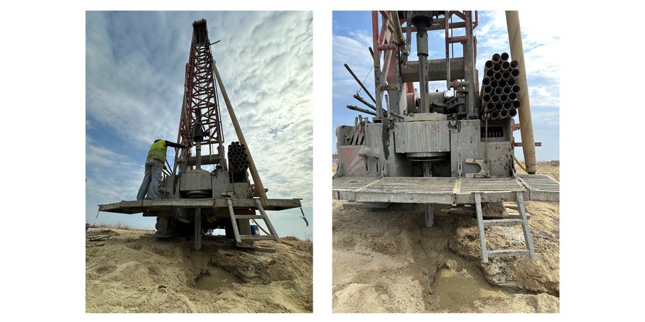 Links: Ansicht des kompletten Bohrturms auf dem LKW im Hochformat. Rechts: Das Bohren näher betrachtet - rechts auf dem LKW Bohrgestänge, unter dem LKW das Bohrloch