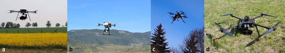 Hyperspectral UAVs taking measurements in the field: a) octocopter "BFD XQ-1400S" with SWIR camera "HySpex Mjolnir S-620" and b) octocopter "Copter Squad RTK-X8" with VNIR camera "Cubert UHD 185-Firefly" as well as UAV in-house designs c) octocopter "GK-X8" during sensor test flight and d) quadcopter "Hummel" before takeoff