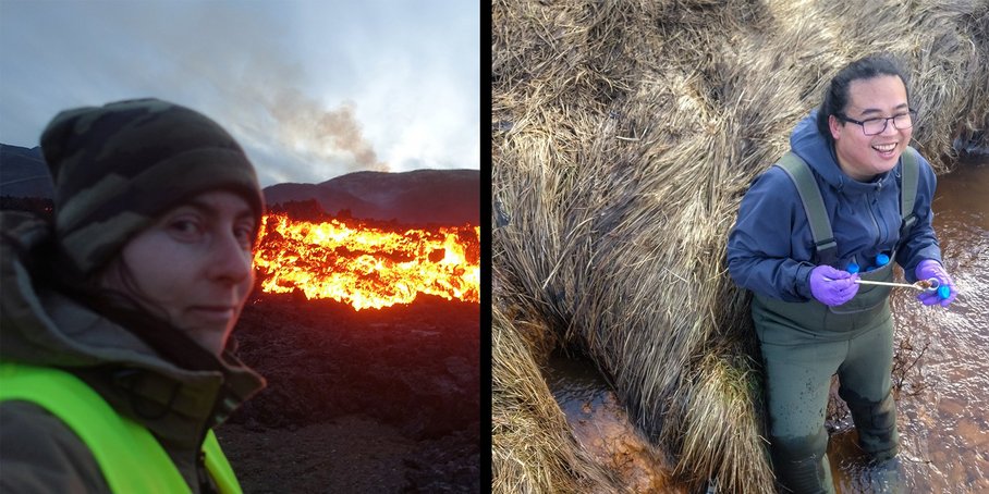 Alena on the left - lava in the background, Jeffrez Perez on the right with the boots in a body of water (grass in the background).