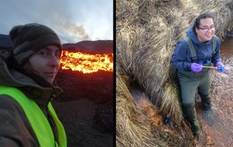 links Alena - im Hintergrund Lava, rechts Jeffrez Perez mit den Stiefeln im einem Gewässer (Gras im Hintergrund)