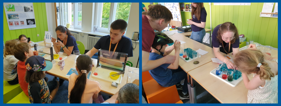 Links: Kinder sitzen an einem Tisch mit Experimenten. Rechts: Ein kleines Mädchen experimentiert mit Pipette.