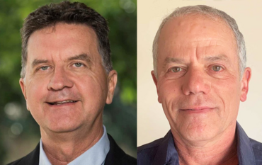 Two older professors in a two-grid picture, smiling towards the camera
