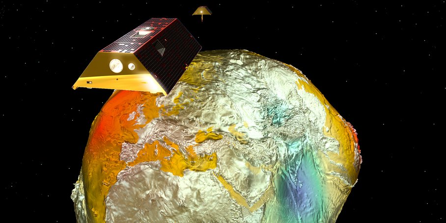 Zwei Satelliten im scheinbaren Orbit um eine Darstellung des Schwerefeldes der Erde.