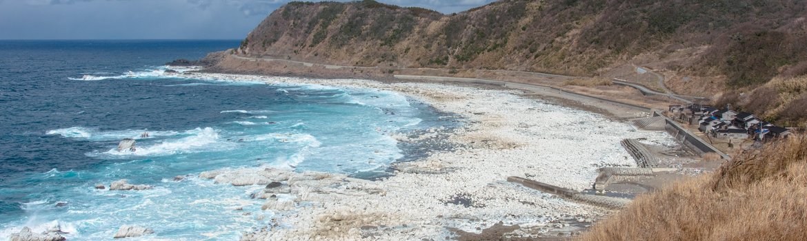 Eine Steilküste am Meer. Der Bereich vor der Steilküste wurde offenbar angehoben, da hier ehemals unter dem Meer liegender Grund nun oberhalb der Wasseroberfläche liegt.