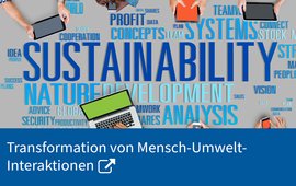 Der Wortlaut "Sustainability" (=Nachhaltigkeit) sowie unterschiedliche Schlagwörter als Schaubild.