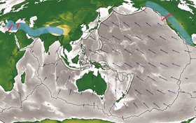 Topographical map of the Earth: the continents are shown in green and the oceans in grey with arrows indicating plate movement. The blue-shaded areas indicate zones with accreted terranes and thinned mantle lithosphere. Red lines mark the cross-sections which are shown below in B to D