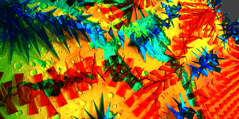 Visualisation of a Martian crustal magnetization model - like threaded blue and red plasticpoints on Martian surface - pointig in different directions