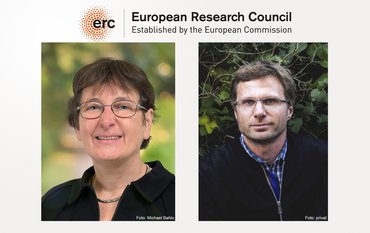 Oben das Logo des ERC, unten zwei Porträtfotos: Links eine Frau mit Brille und kurzen Haaren vor grünen Büschen. Rechts ein Mann mit kurzen Haaren und Brille vor grünen Büschen.