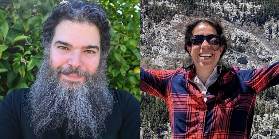Zwei Portraitfotos: Links ein Mann mit langem grauen Bart, rechts eine Frau mit dunklen Haaren und Sonnenbrille, die die Arme ausbreitet.