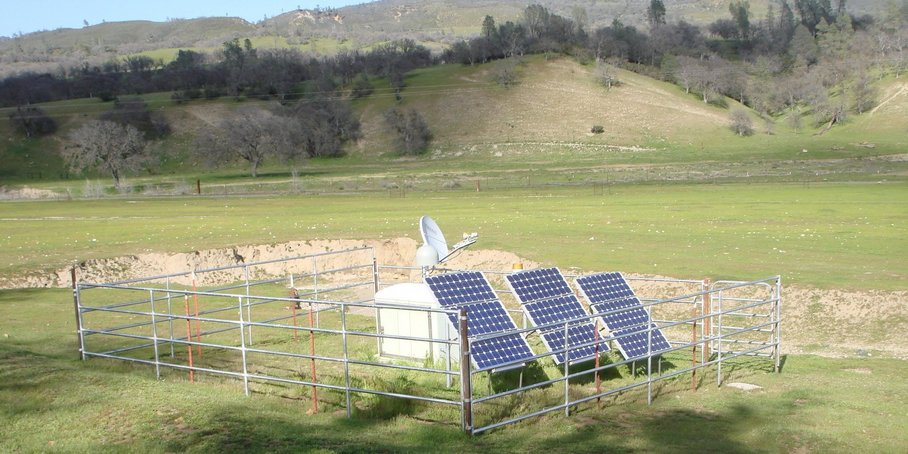 Drei Solarmodule mit einem grauen Kasten und einem Satellitenempfänger bilden die Dehnungsmessstation, die sich in einem eingezäunten Bereich inmitten hügeliger Wiesen befindet; im Hintergrund sind einige grüne Bäume zu sehen.