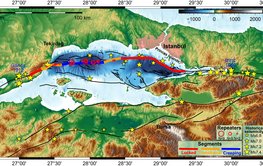 Grafische Darstellung des Marmara-Meers mit der Hauptverwerfung südlich und südwestlich der 16-Millionen-Metropole Istanbul. Rote Kreise markieren die identifizierten „Wiederholbeben“ (Repeater). In Blau: kriechende Bereiche, in Orange: Übergangsbereiche, in Rot: verhakte Bereiche mit der Gefahr stärkerer Beben. Die gelben Sterne markieren vergangene Beben unterschiedlicher Stärke.