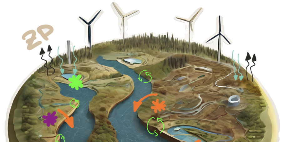 Schematische Darstellung des CSponge-Projektes: eine Flusslandschaft und ihre Kohlenstoffflüsse