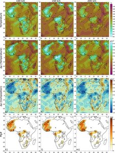 Fig. 2. Final results for temperature (a-c), thermal (d-f) and compositional (g-i) density variations, and Mg# (k-m) at depths of 100, 150, and 200 km (columns from left to right).