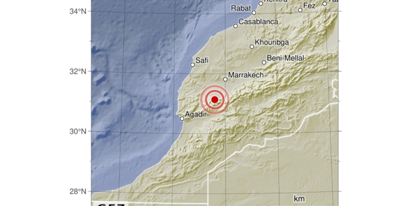 Screenshot from Earthquake Explorer. You can see a map of Marrocco, with the epicentre marked as a circle