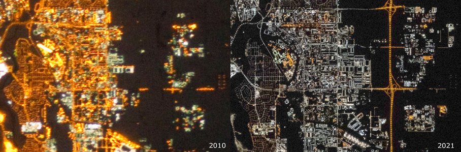 View of the city of Calgary at night: Left, 2010 with old, yellowish street lighting; right: 2021, with bright white LED street lighting.