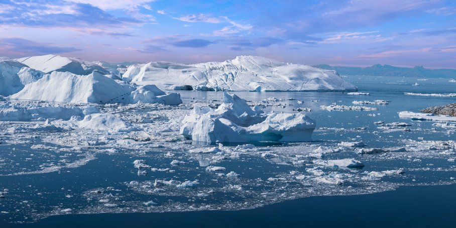Eisschollen auf glattem Meer in einer Bucht, dahinter sind Gletscher zusehen.