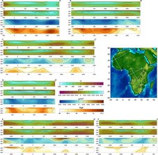 Fig. 3. 2D profiles through the final mantle models of temperature, thermal density variations, compositional density variations, and Mg# (top to bottom, respectively). For location see inset topography map. Along the horizontal axis, profile km 0 marks point of orthogonal intersection of profiles AA’ and BB’, CC’ and DD’, as well as EE’ and FF’.