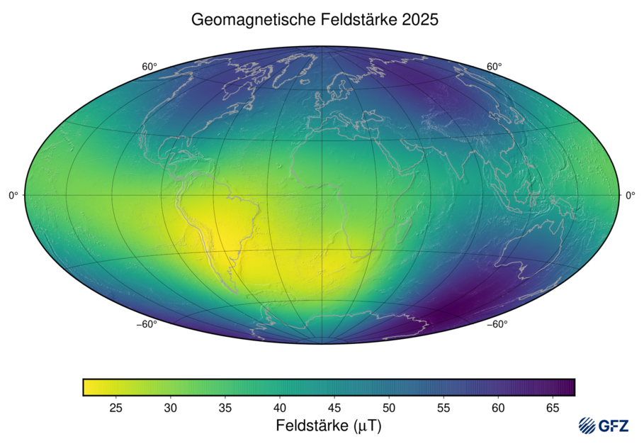 die geomagnetische Feldstärke an der Erdoberfläche nach IGRF14 (2025)