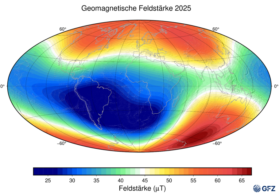 die geomagnetische Feldstärke an der Erdoberfläche nach IGRF14 (2025)