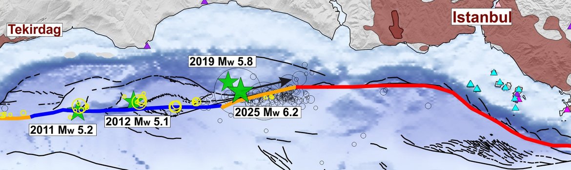 Map showing a marine area. Stars and circles mark various earthquakes. Coloured lines indicate different areas of a seismic fault zone.