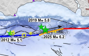 Map showing a marine area. Stars and circles mark various earthquakes. Coloured lines indicate different areas of a seismic fault zone.