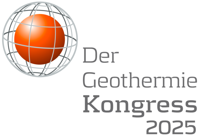 Das Bild zeigt das Logo des DGK für 2025, welches aus einer orangen Kugel, umgeben von einer Netzartigen Sphäre darstellt. Rechts daneben steht "Der Geothermiekongress 2025"