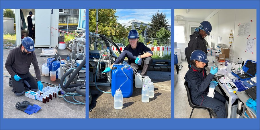 Zwei Bilder zeigen jeweils eine Person mit blauem Helm, die in einer Außenanlage mit Chemikalien arbeitet. Das dritte Foto zeigt zwei Personen mit blauen Helmen, die in einem Containerlabor mit Chemikalien arbeiten.