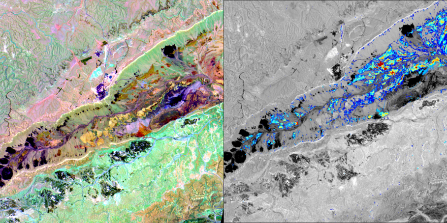 Satelliten-Aufnahme einer Wüstengegend: Bunte Flecke zeigen verschiedene Minerale.