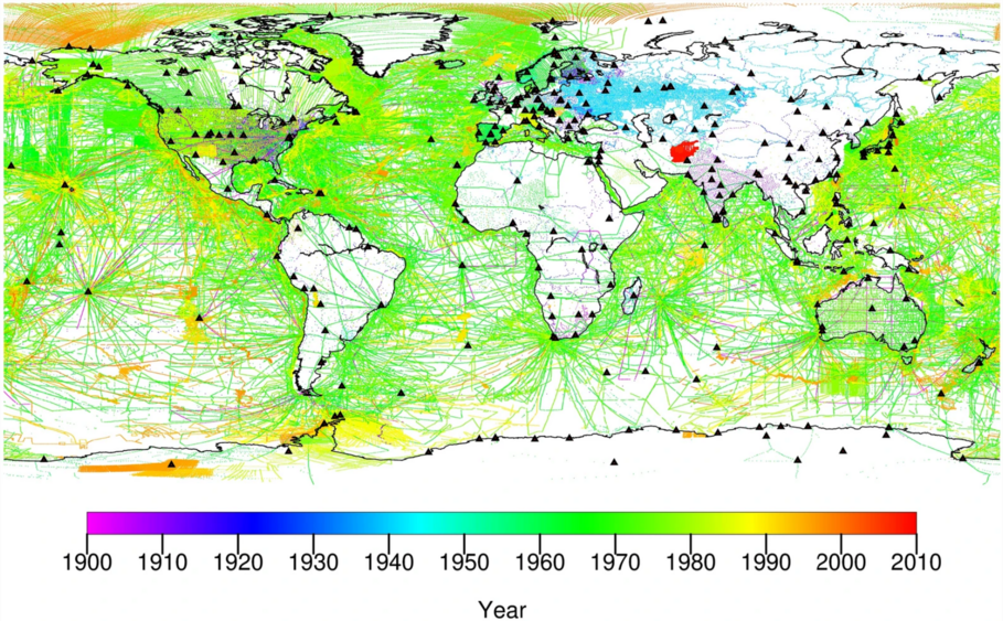 Fig. 1 Locations (points) and epoch (color) of assimilated electromagnetic measurements from land, air, and sea. The black triangles correspond to ground-based observatories. From Baerenzung et al., 2022.