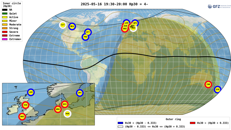 Ein Screenshot einer dynamischen 3-Tages-Vorhersage der geomagnetischen Aktivität von 13 Observatorien, die zum globalen Hp30-Index beitragen.