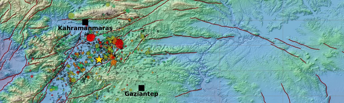 Graphic Visualisation: Map of the Türkiye region around Kahramanmaraş with colour-coded dots representing the earthquakes in the years 2017 to 2023.